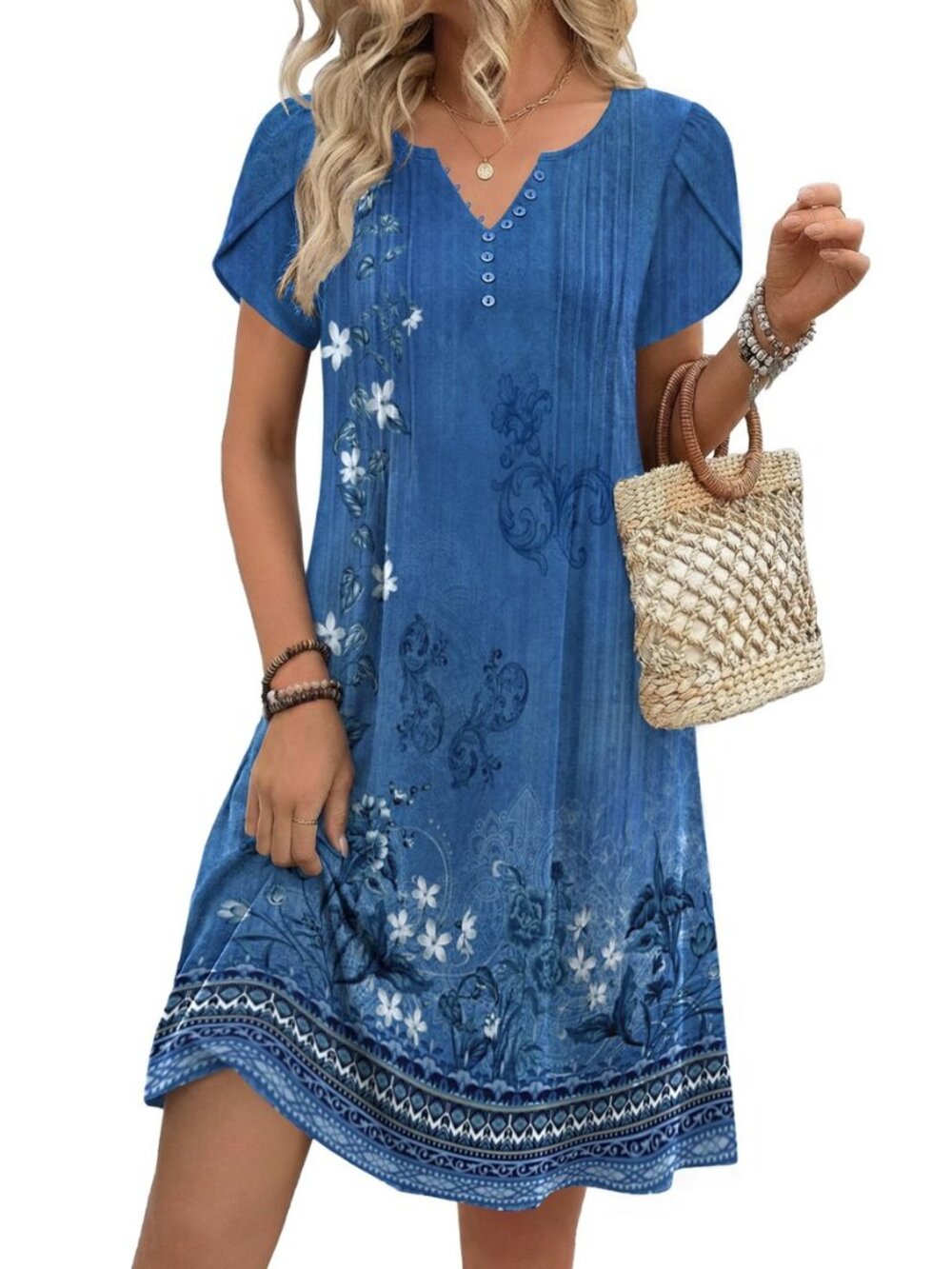 Women's Casual Dresses with Pockets Summer Floral V-Neck A-Line Tshirt Dress
